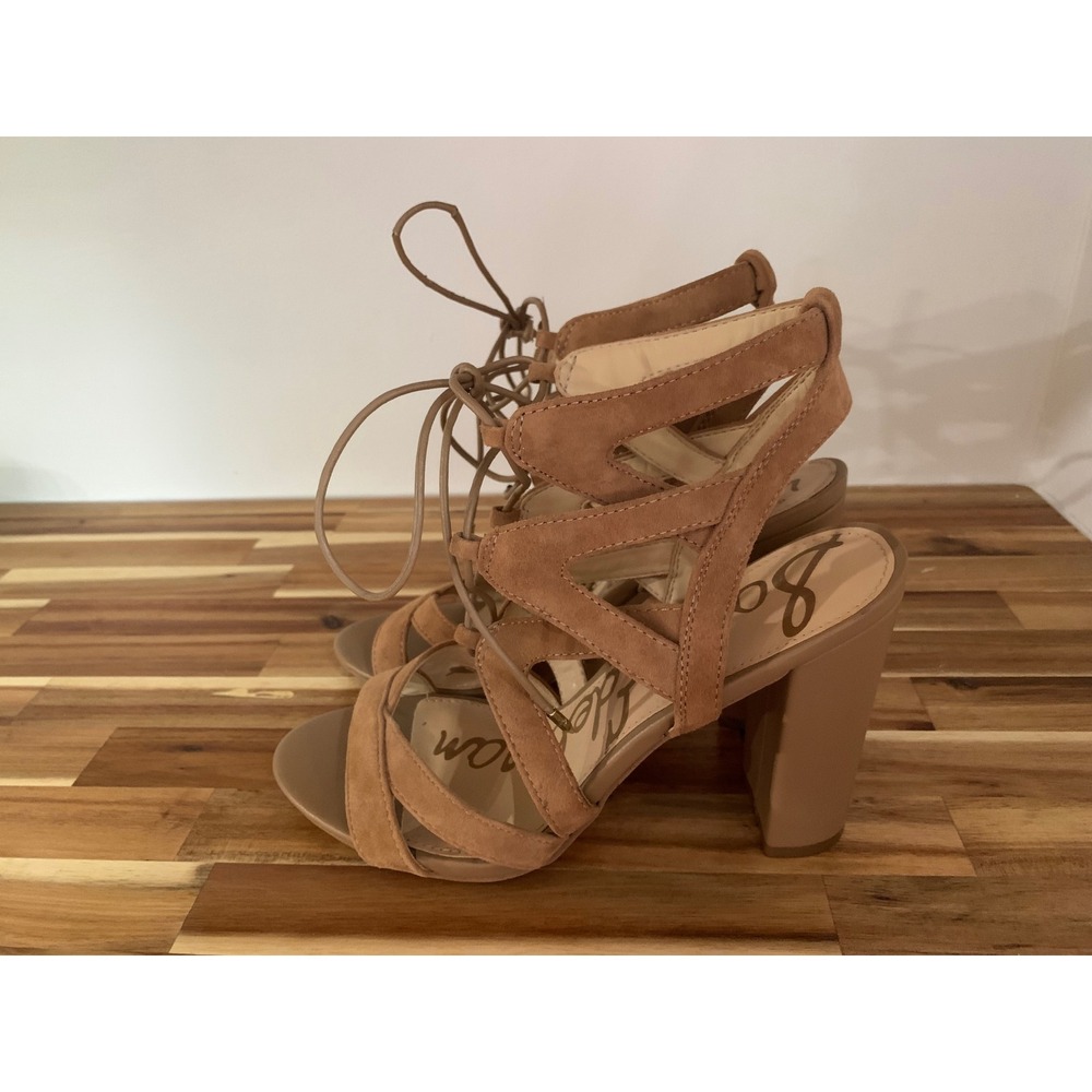 Sam Edelman Yardley Tan Suede Lace Up Block Heel Sandals Boho Minimalist 9